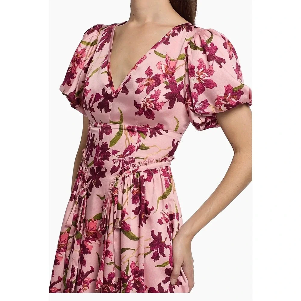 Cinq a Sept Pink Floral Orchid Midi Dress V-Neck Flutter Sleeve Womens Size 8 - Picture 12 of 12